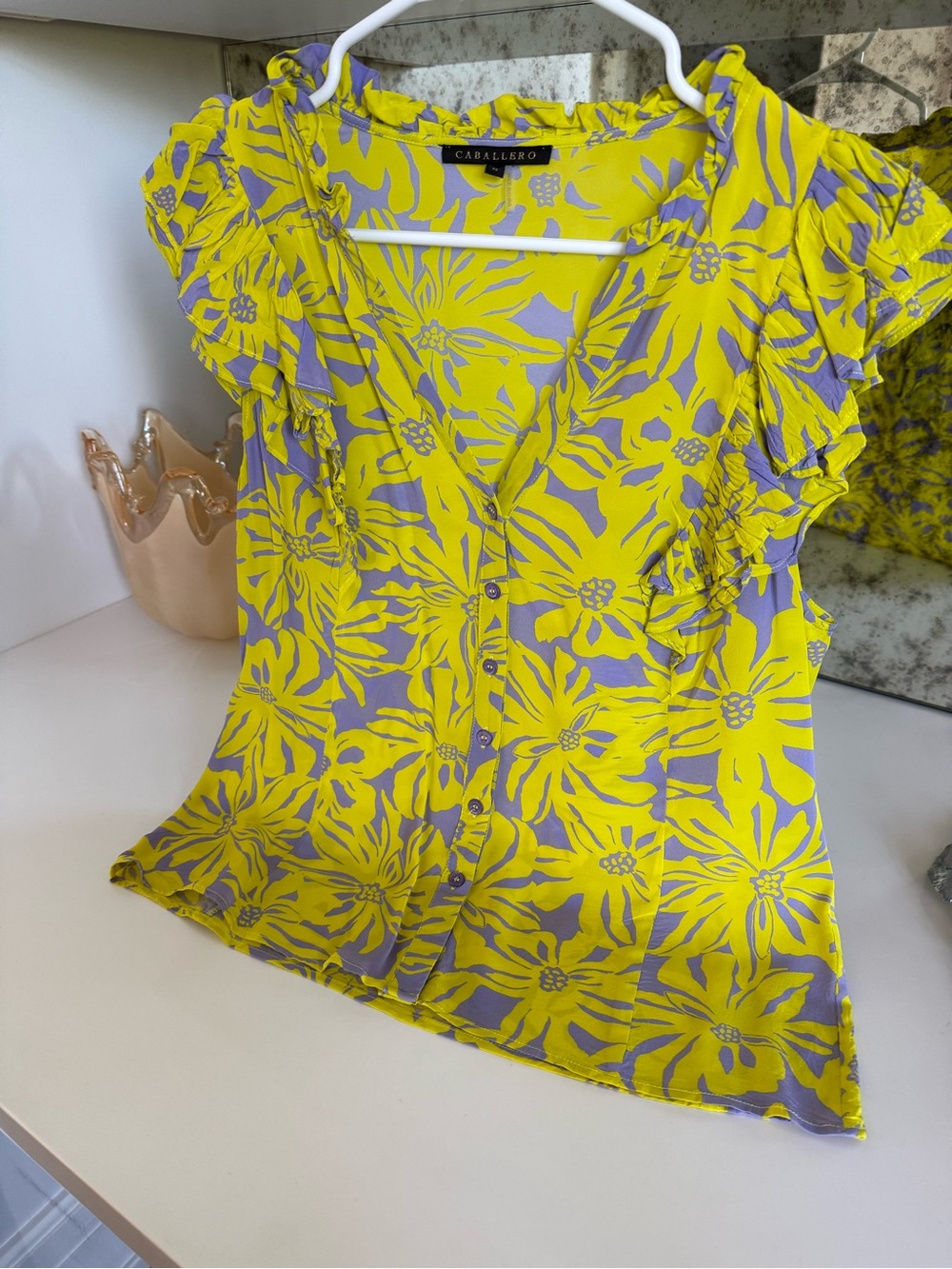 Caballero Yellow & Lavender Floral Ruffle Sleeve Button Top